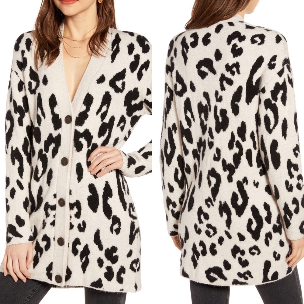 SOMETHING NAVY LEOPARD CARDIGAN SZ M - Picture 2 of 8